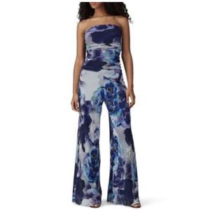 FUZZI Jumpsuit Womens Large L Blue Strapless Floral Tulle Mesh Wide Leg Stretch